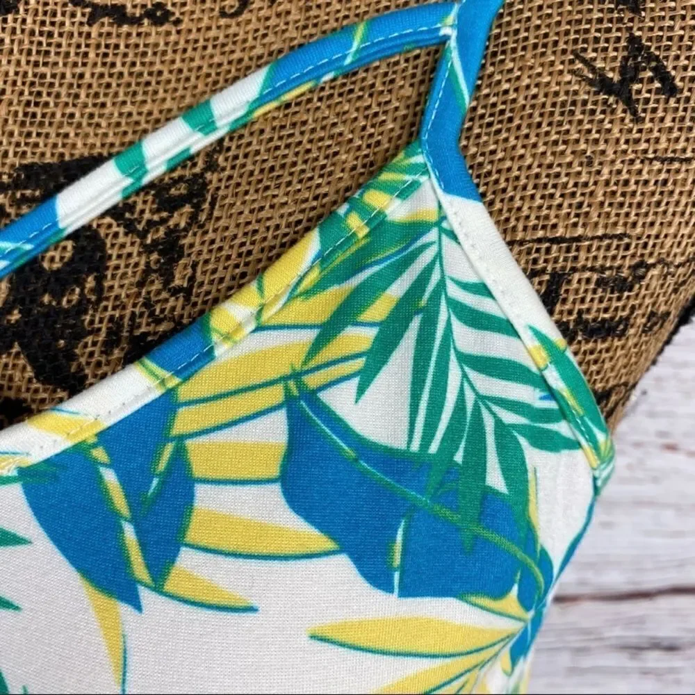 Poof Leafy Palm Print Tie‎ Front Strappy Neckline Tank Top Green Yellow Large
